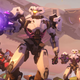 Three big robots walk in front of a spaceship at sunset in Overwatch 2 by Blizzard.